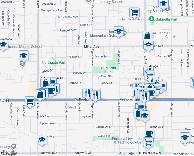 map of restaurants, bars, coffee shops, grocery stores, and more near 7938 Chantry Avenue in Fontana