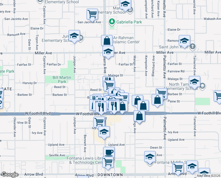 map of restaurants, bars, coffee shops, grocery stores, and more near 16939 Reed Street in Fontana