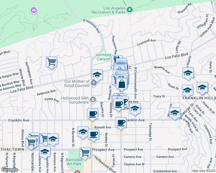 map of restaurants, bars, coffee shops, grocery stores, and more near 4573 Ambrose Avenue in Los Angeles