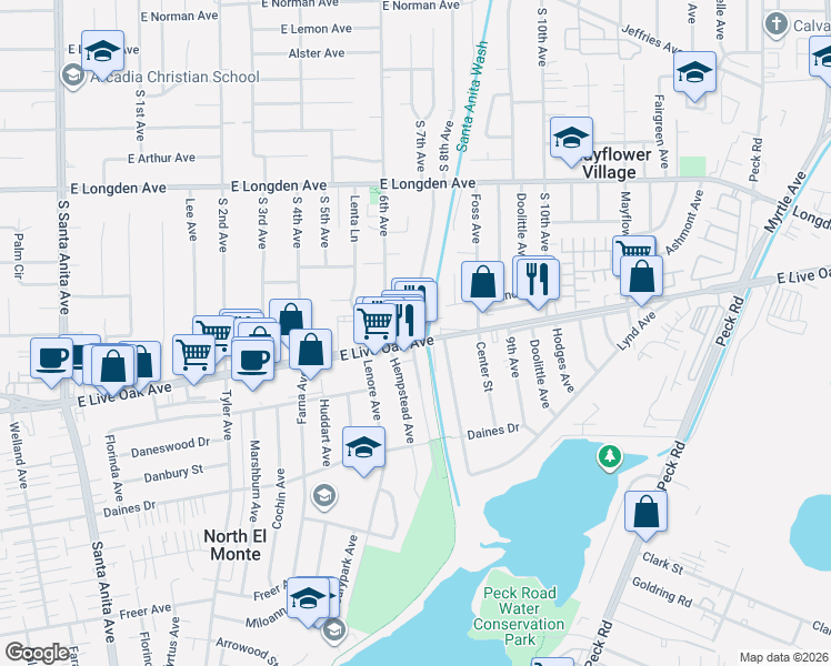 map of restaurants, bars, coffee shops, grocery stores, and more near 625 E Live Oak Ave in Arcadia