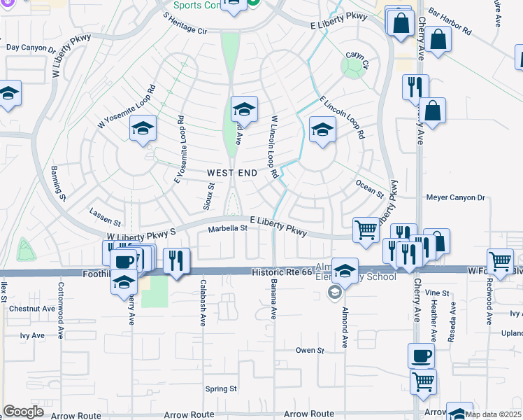 map of restaurants, bars, coffee shops, grocery stores, and more near 14045 Fort Ross Court in Fontana