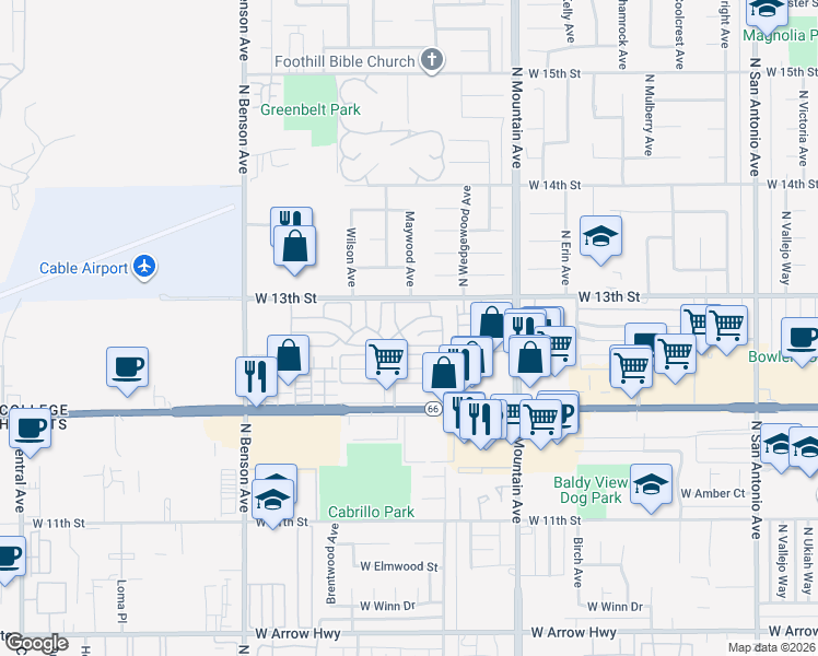 map of restaurants, bars, coffee shops, grocery stores, and more near 1400 West 13th Street in Upland