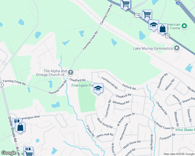 map of restaurants, bars, coffee shops, grocery stores, and more near 196 Twisted Hill Road in Irmo