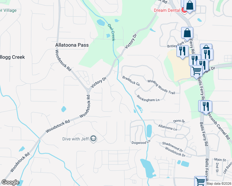 map of restaurants, bars, coffee shops, grocery stores, and more near 104 Victory Commons Drive in Acworth