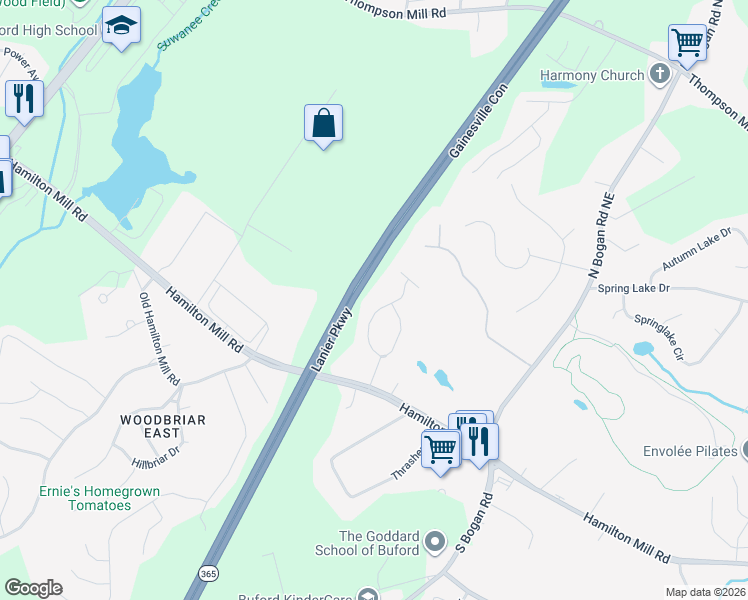 map of restaurants, bars, coffee shops, grocery stores, and more near 2572 Hamill Drive in Buford