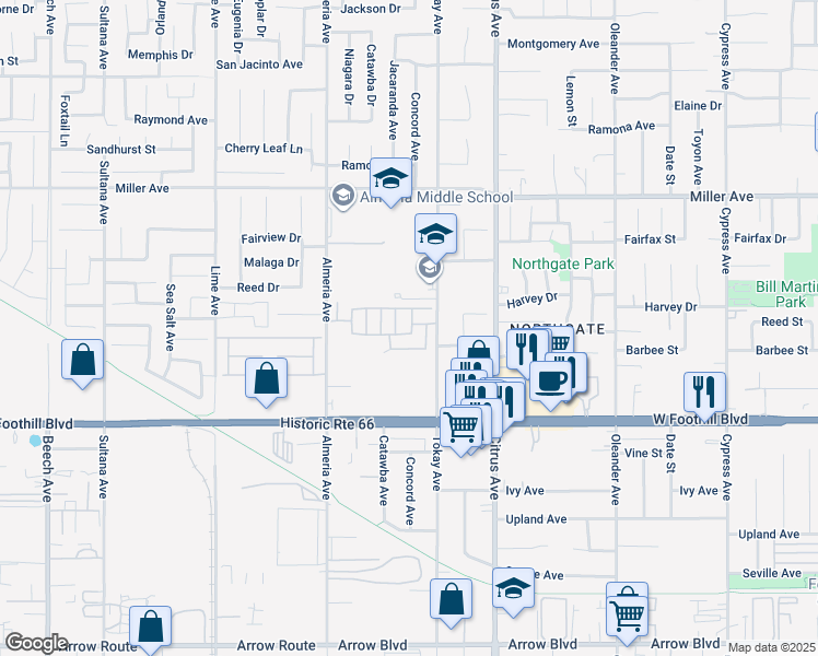 map of restaurants, bars, coffee shops, grocery stores, and more near 7908 Tokay Avenue in Fontana