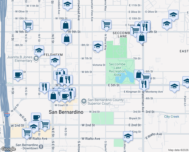 map of restaurants, bars, coffee shops, grocery stores, and more near 567 North Mountain View Avenue in San Bernardino