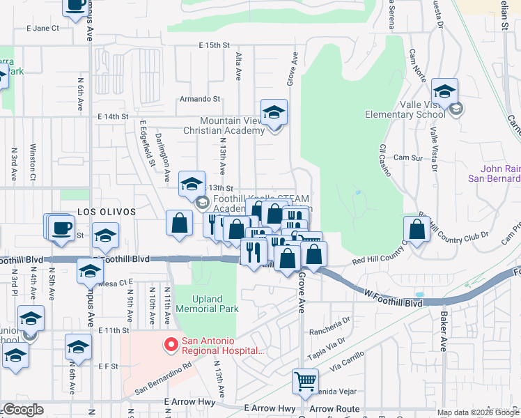 map of restaurants, bars, coffee shops, grocery stores, and more near 1222 North Monte Verde Avenue in Upland