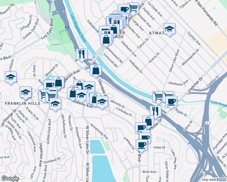 map of restaurants, bars, coffee shops, grocery stores, and more near 2800 Riverside Drive in Los Angeles