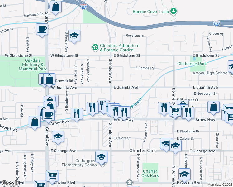 map of restaurants, bars, coffee shops, grocery stores, and more near 1620 South Glendora Avenue in Glendora