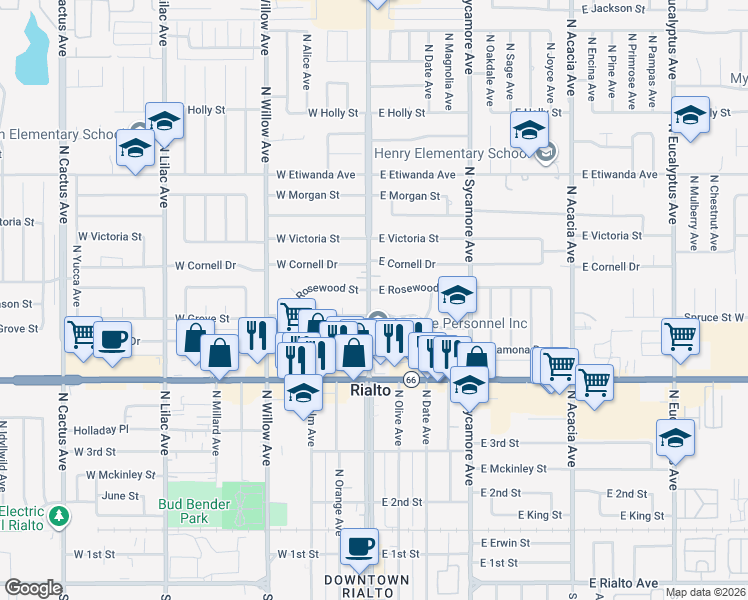 map of restaurants, bars, coffee shops, grocery stores, and more near in Rialto
