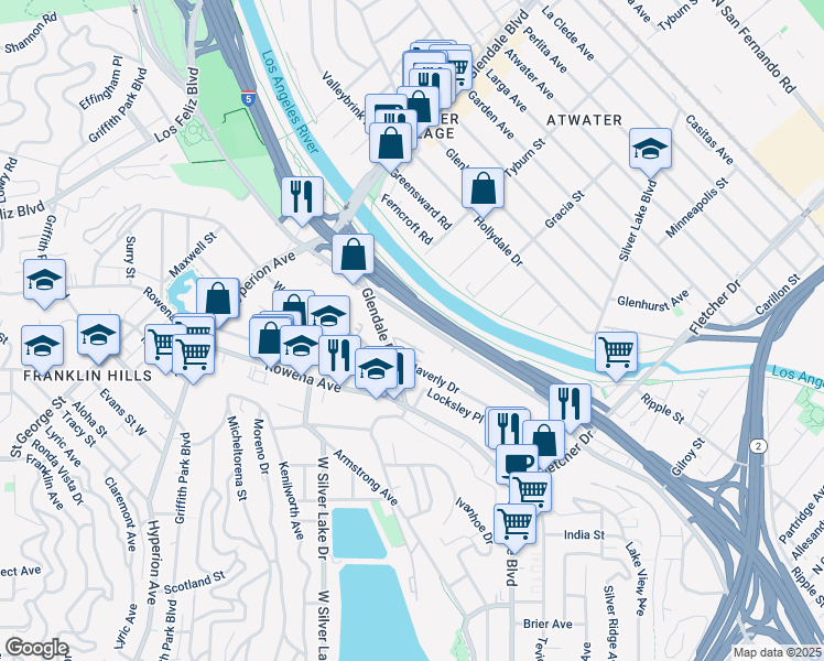 map of restaurants, bars, coffee shops, grocery stores, and more near 2800 Riverside Drive in Los Angeles