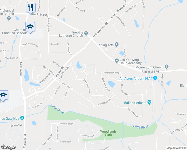 map of restaurants, bars, coffee shops, grocery stores, and more near 3108 Waterford Court in Woodstock