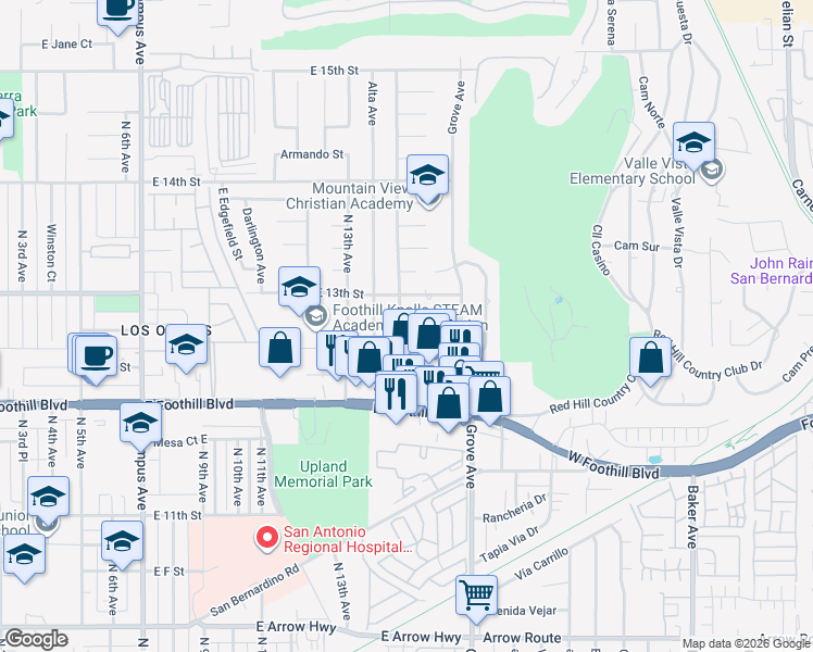 map of restaurants, bars, coffee shops, grocery stores, and more near 1222 North Monte Verde Avenue in Upland
