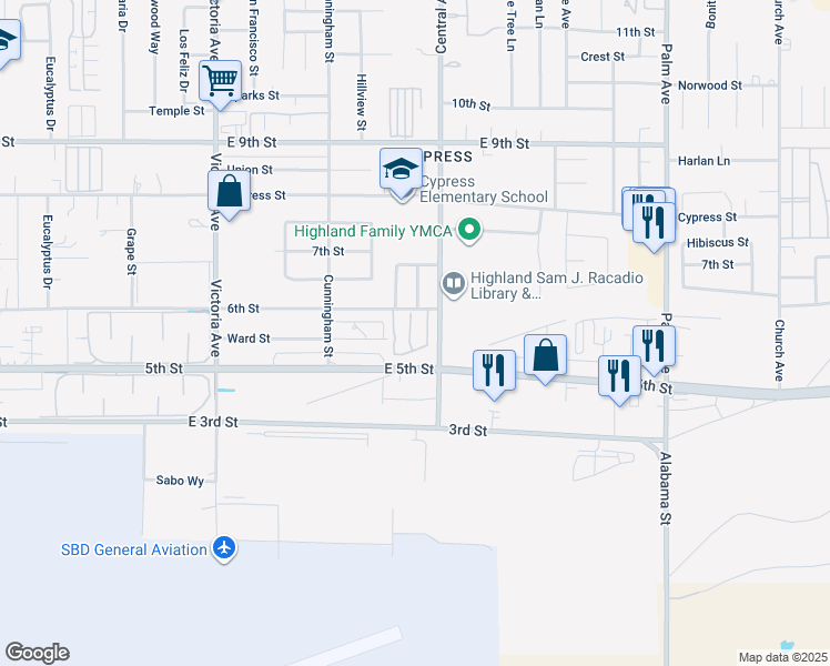 map of restaurants, bars, coffee shops, grocery stores, and more near 7922 Midhurst Drive in Highland