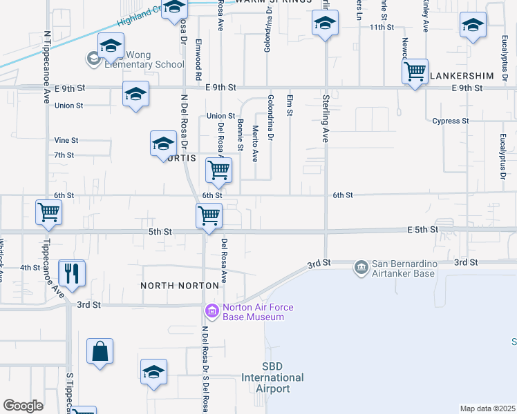 map of restaurants, bars, coffee shops, grocery stores, and more near 25511 6th Street in San Bernardino