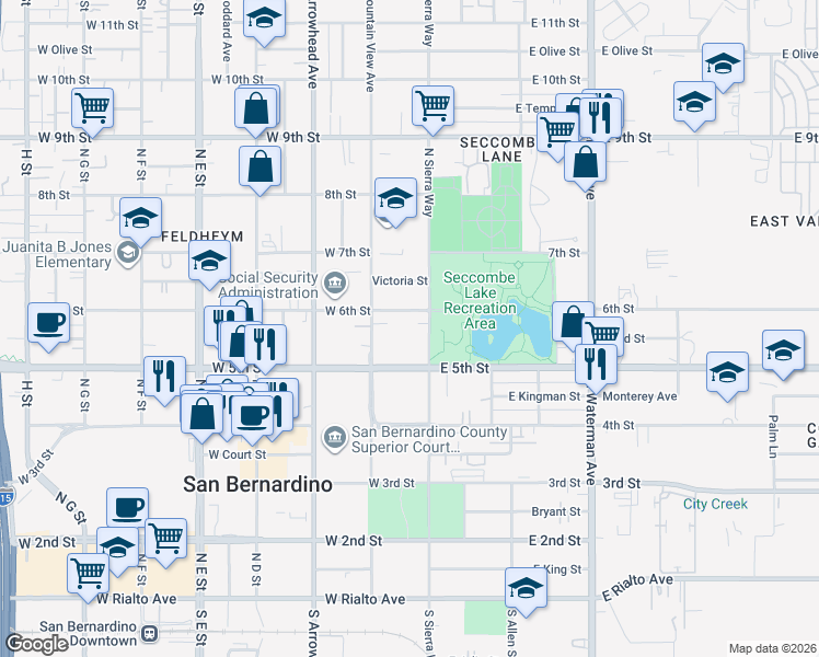 map of restaurants, bars, coffee shops, grocery stores, and more near 149 West 6th Street in San Bernardino