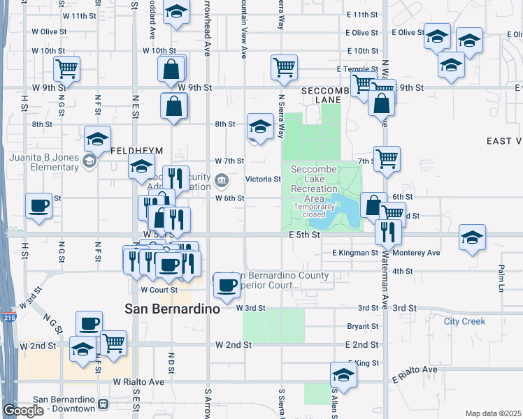 map of restaurants, bars, coffee shops, grocery stores, and more near 149 West 6th Street in San Bernardino