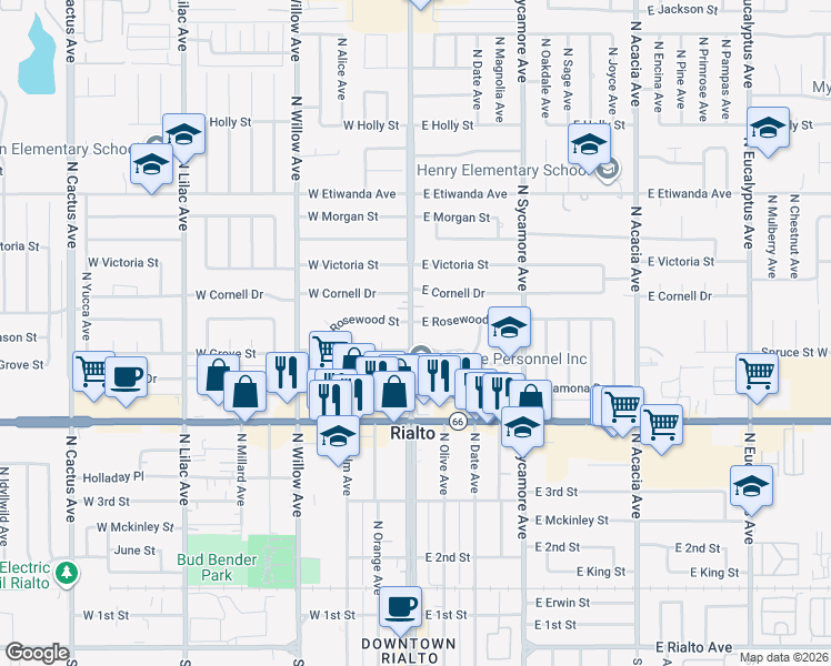 map of restaurants, bars, coffee shops, grocery stores, and more near in Rialto