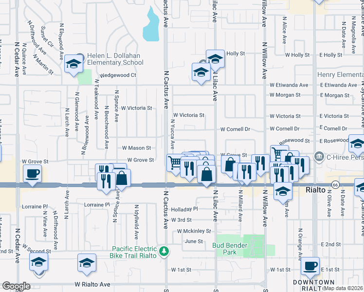 map of restaurants, bars, coffee shops, grocery stores, and more near 571 North Yucca Avenue in Rialto