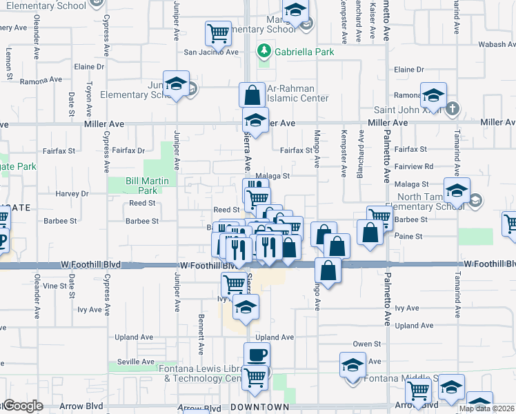 map of restaurants, bars, coffee shops, grocery stores, and more near 16940 Reed Street in Fontana