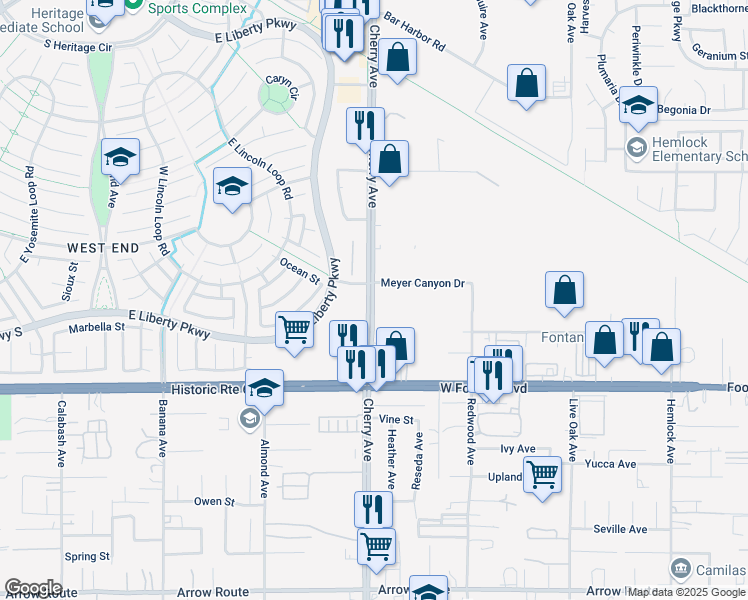 map of restaurants, bars, coffee shops, grocery stores, and more near 14300-14498 Meyer Canyon Dr in Fontana