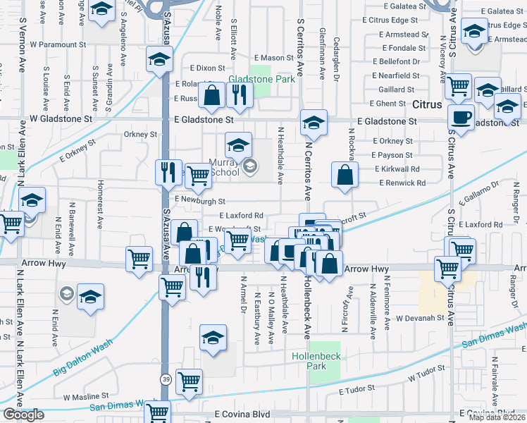 map of restaurants, bars, coffee shops, grocery stores, and more near 17832 East Newburgh Street in Azusa