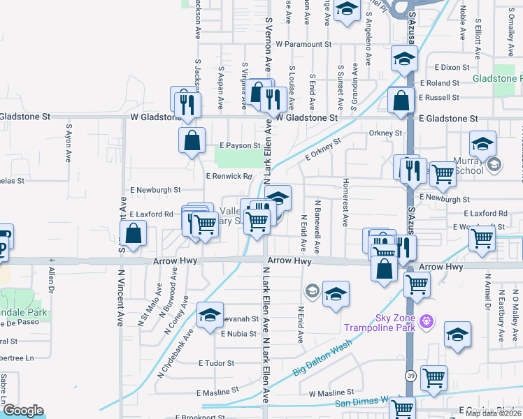 map of restaurants, bars, coffee shops, grocery stores, and more near 731 South Lark Ellen Avenue in Azusa