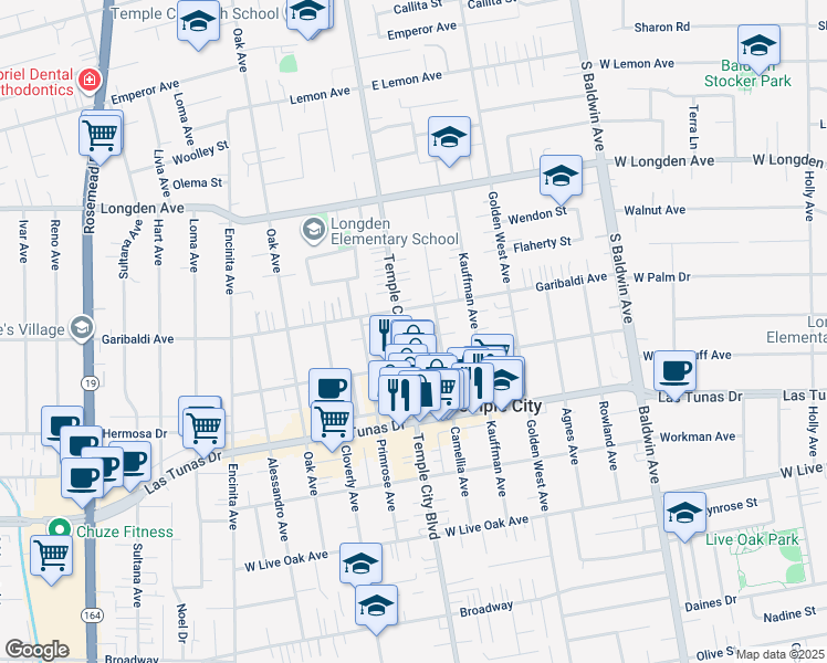map of restaurants, bars, coffee shops, grocery stores, and more near 6053 Camellia Avenue in Temple City