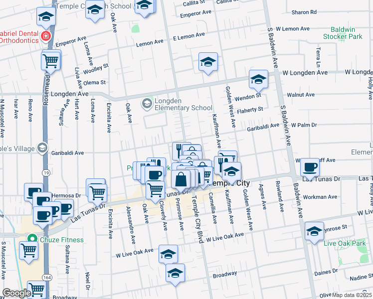 map of restaurants, bars, coffee shops, grocery stores, and more near 6057 Temple City Boulevard in Temple City