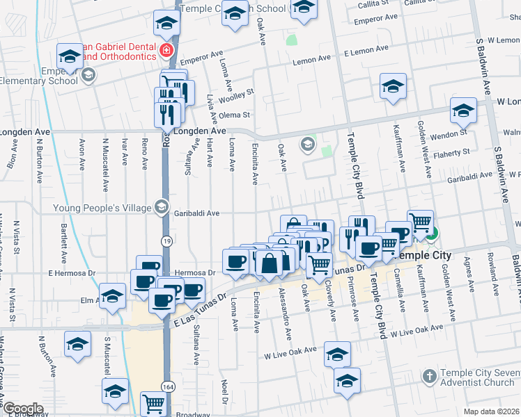map of restaurants, bars, coffee shops, grocery stores, and more near 6118 Encinita Avenue in Temple City