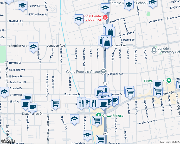 map of restaurants, bars, coffee shops, grocery stores, and more near 6122 North Muscatel Avenue in San Gabriel