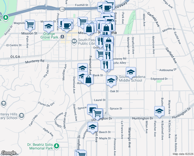 map of restaurants, bars, coffee shops, grocery stores, and more near 1426 Bank Street in South Pasadena