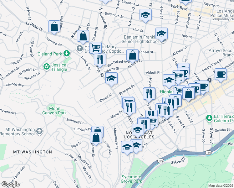 map of restaurants, bars, coffee shops, grocery stores, and more near 650 North Avenue 50 in Los Angeles