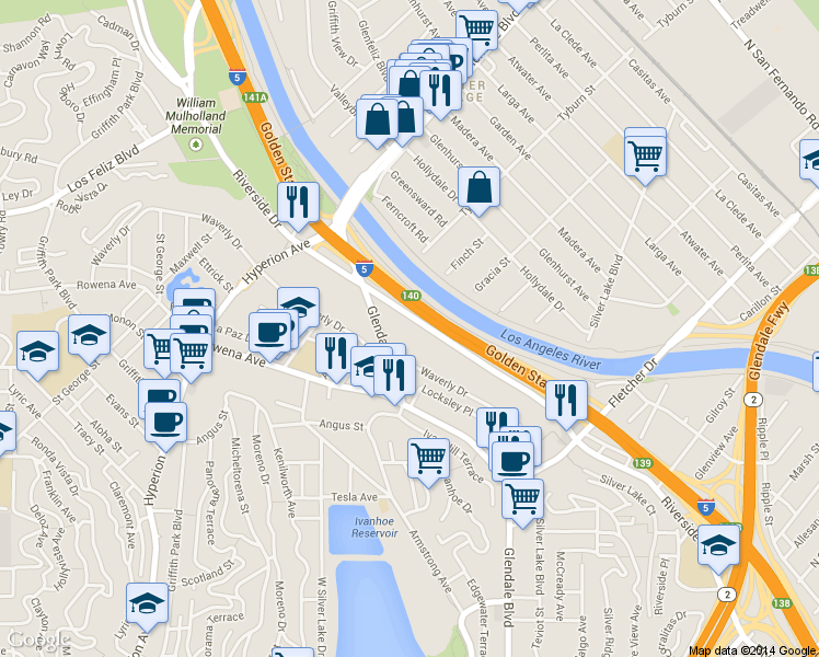 map of restaurants, bars, coffee shops, grocery stores, and more near 2800 Riverside Drive in Los Angeles