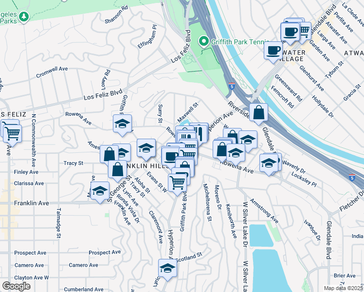 map of restaurants, bars, coffee shops, grocery stores, and more near 3388 Rowena Avenue in Los Angeles
