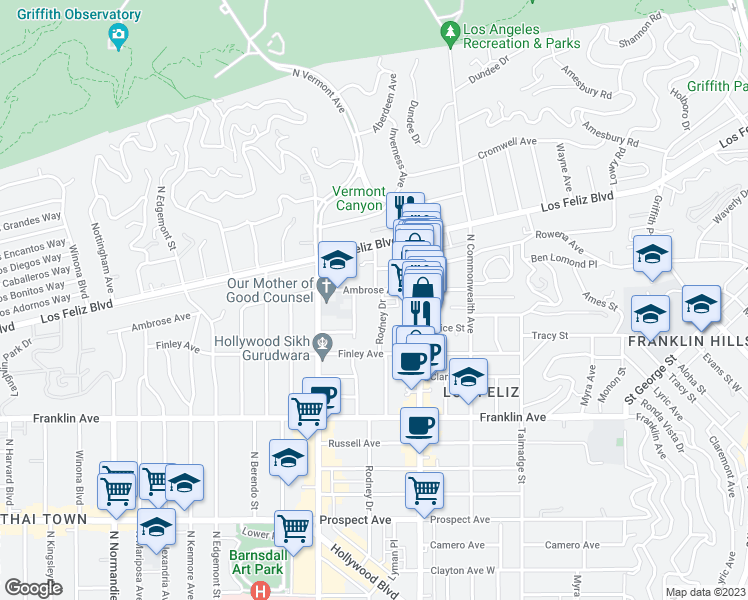 map of restaurants, bars, coffee shops, grocery stores, and more near 4573 Ambrose Avenue in Los Angeles