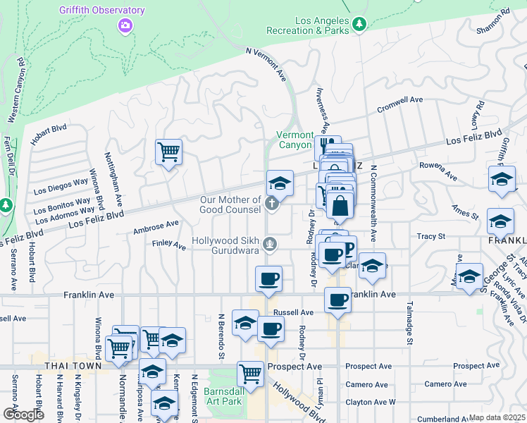map of restaurants, bars, coffee shops, grocery stores, and more near 4635 Ambrose Avenue in Los Angeles