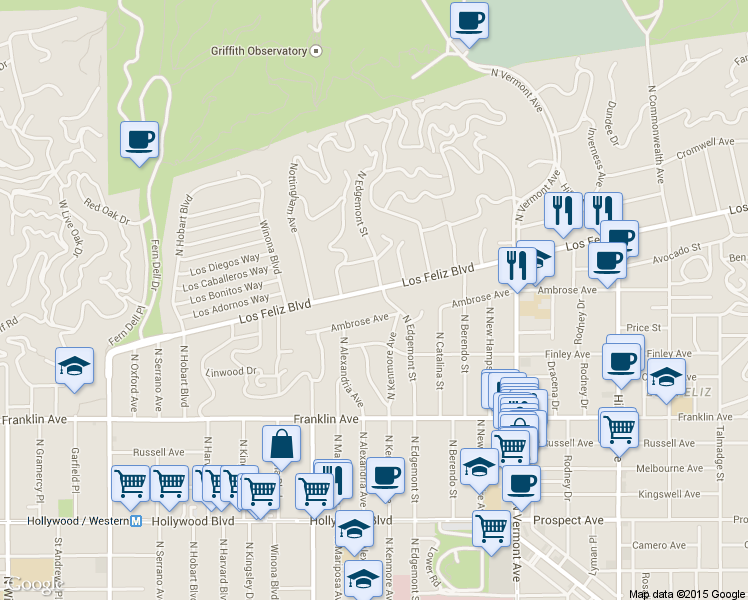 map of restaurants, bars, coffee shops, grocery stores, and more near 4930 Los Feliz Boulevard in Los Angeles