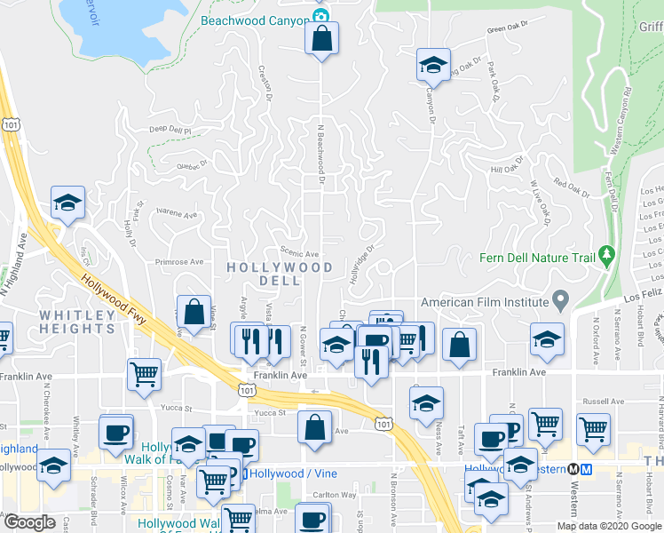 map of restaurants, bars, coffee shops, grocery stores, and more near in Los Angeles