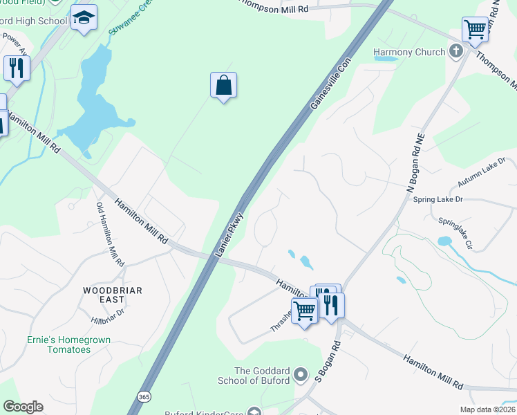 map of restaurants, bars, coffee shops, grocery stores, and more near 2572 Hamill Drive in Buford