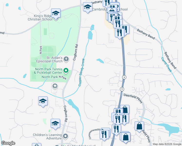 map of restaurants, bars, coffee shops, grocery stores, and more near 220 Bayfield Court in Alpharetta