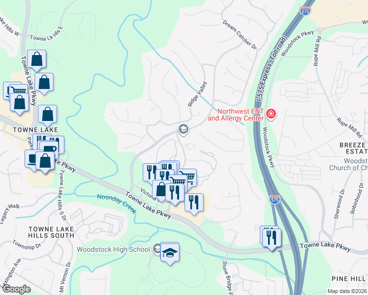 map of restaurants, bars, coffee shops, grocery stores, and more near 105 The Crossings Lane in Woodstock