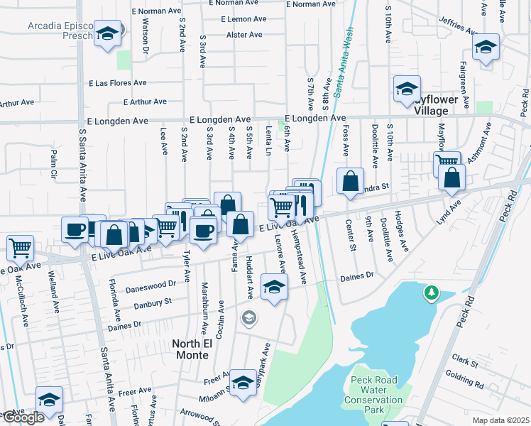 map of restaurants, bars, coffee shops, grocery stores, and more near 501 East Live Oak Avenue in Arcadia