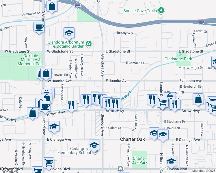 map of restaurants, bars, coffee shops, grocery stores, and more near 132 East Juanita Avenue in Glendora