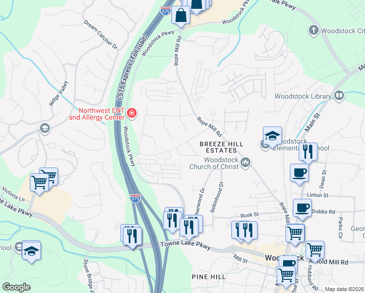 map of restaurants, bars, coffee shops, grocery stores, and more near 411 Falcon Court in Woodstock
