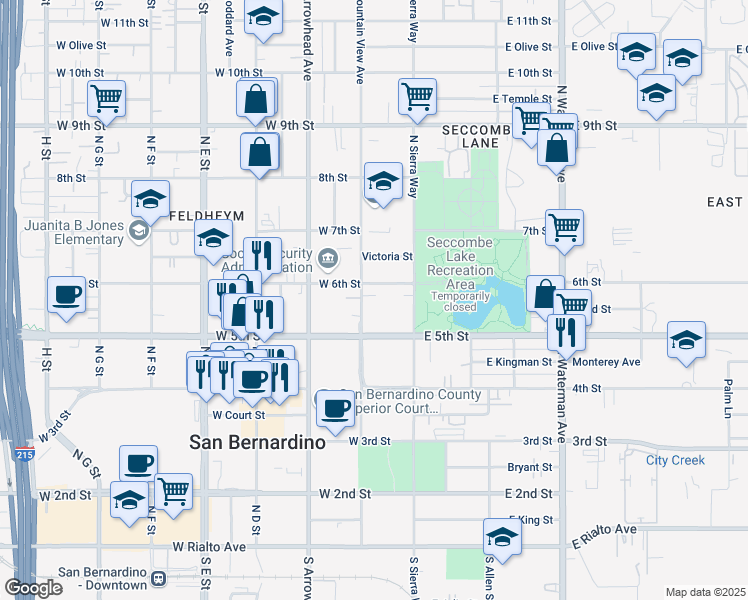 map of restaurants, bars, coffee shops, grocery stores, and more near 567 North Mountain View Avenue in San Bernardino