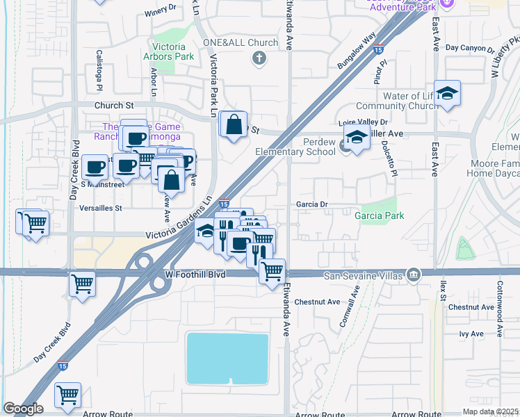 map of restaurants, bars, coffee shops, grocery stores, and more near 7950 Etiwanda Avenue in Rancho Cucamonga