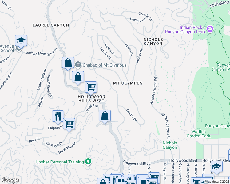 map of restaurants, bars, coffee shops, grocery stores, and more near 2067 Mount Olympus Drive in Los Angeles