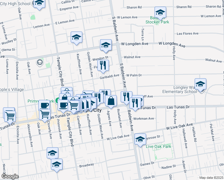 map of restaurants, bars, coffee shops, grocery stores, and more near 9929 Woodruff Avenue in Temple City